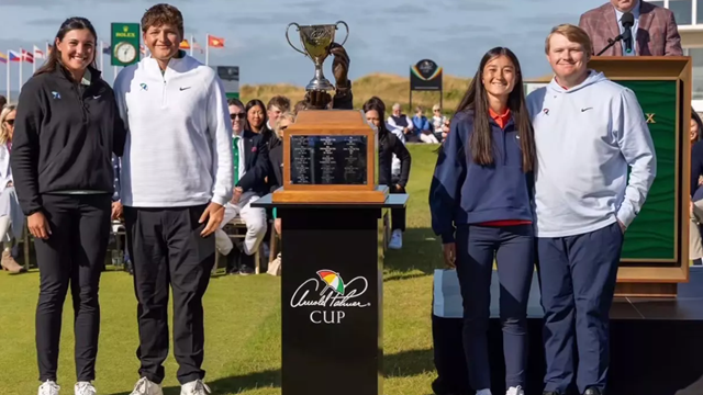McEwen '27 and teammate Amely Bochaton (Right) and opponents Daniel Bennett and Veronika Kedronova (Left) during the Opening Ceremony of the Arnold Palmer Cup.